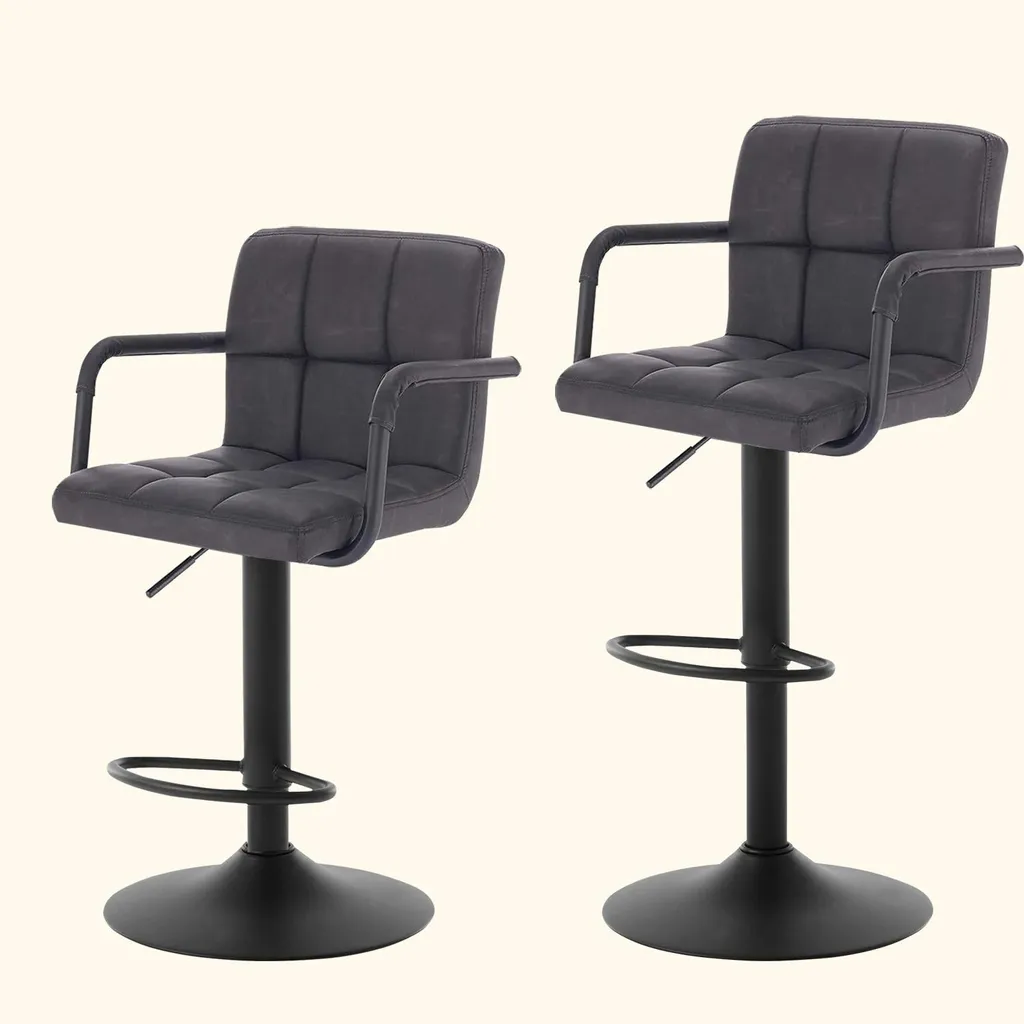 Tabouret de Bar Velours Gris avec Dossier et Accoudoirs - Hauteur Variable