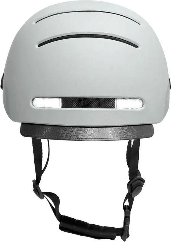 A rear view of a light gray smart helmet with black straps and a black trim.