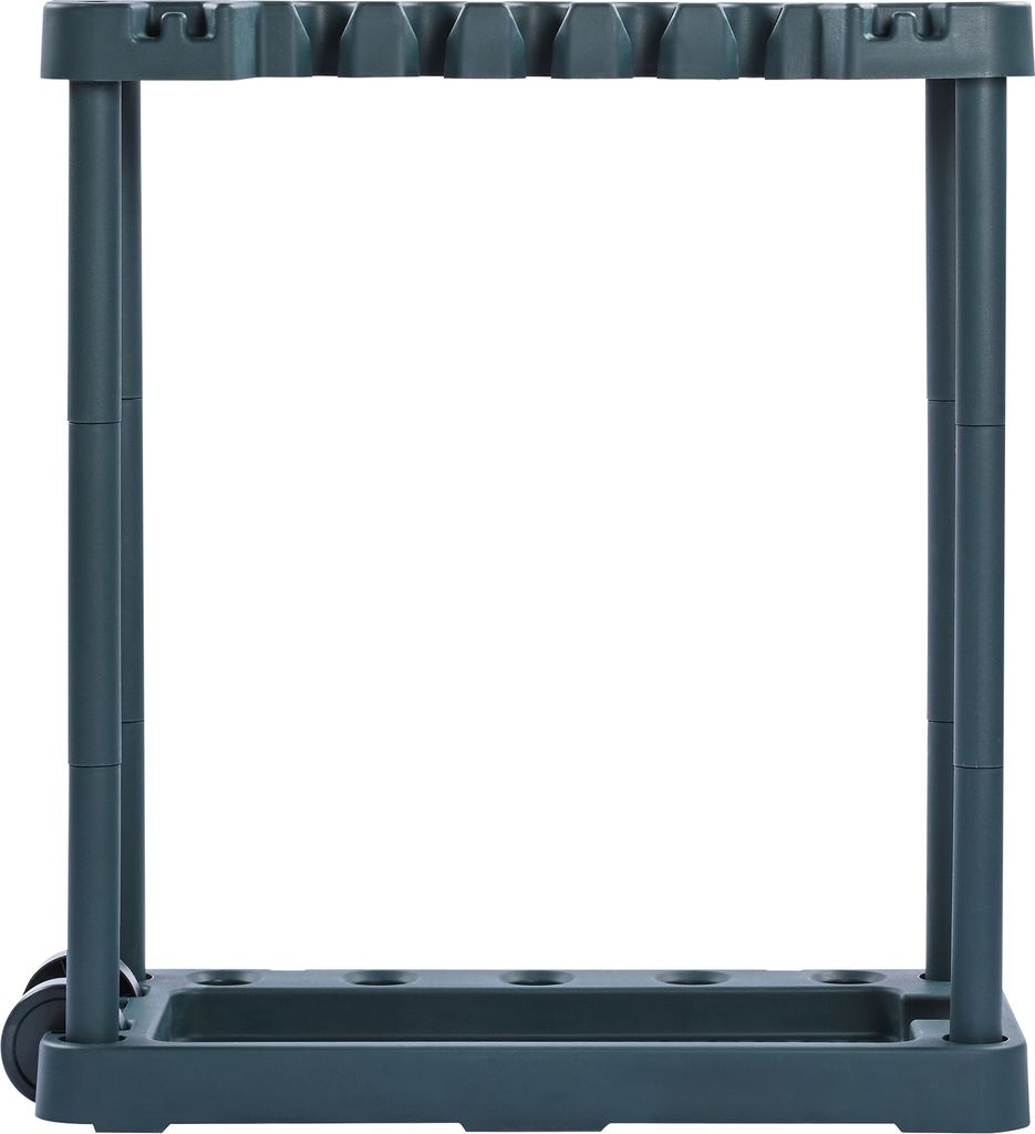 A dark gray garden tool organizer with 10 slots and wheels, shown against a white background.