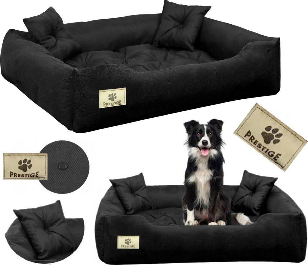 A collage of images showing a black dog bed with pillows, a dog, and product labels.