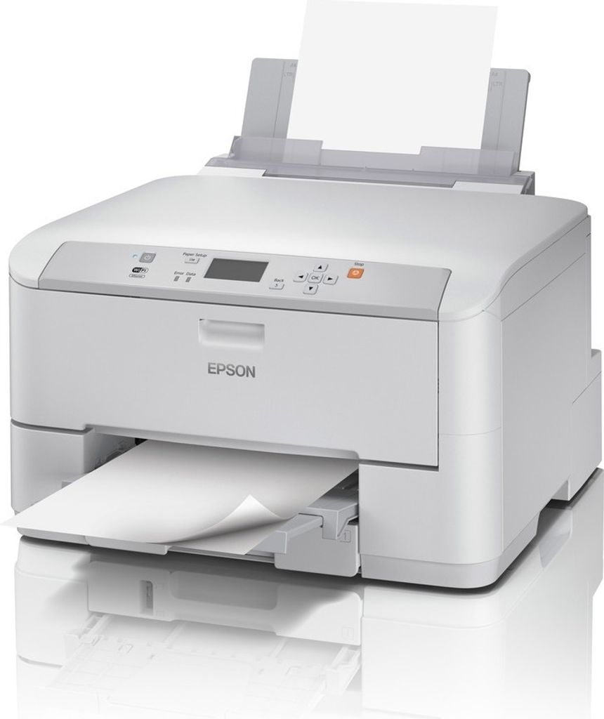A white Epson WorkForce Pro WF-M5190DW printer is shown from the front-left angle, with paper in the input and output trays.