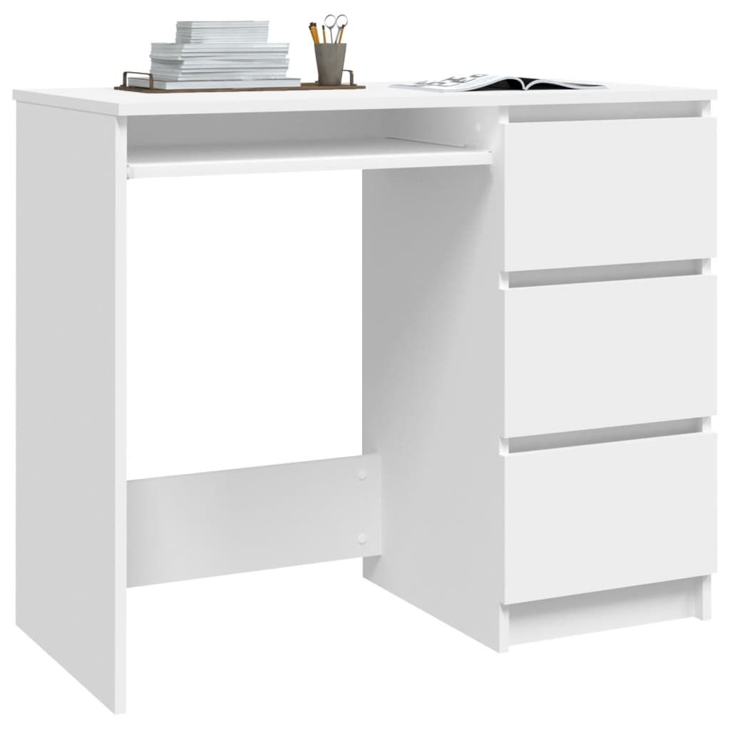 A white desk with drawers and a shelf, shown from a front-side angle against a white background.