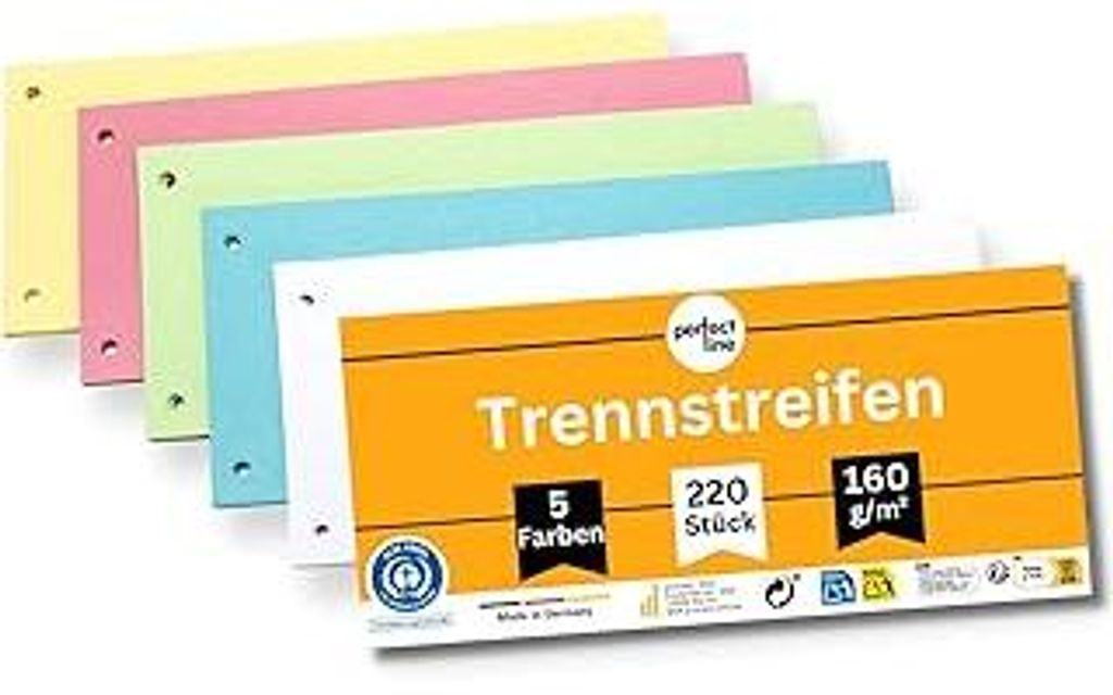 perfect line 220 Trennstreifen für Ordner A4, Trennblätter aus Recycling-Karton Germany, 5 Farben, gelocht