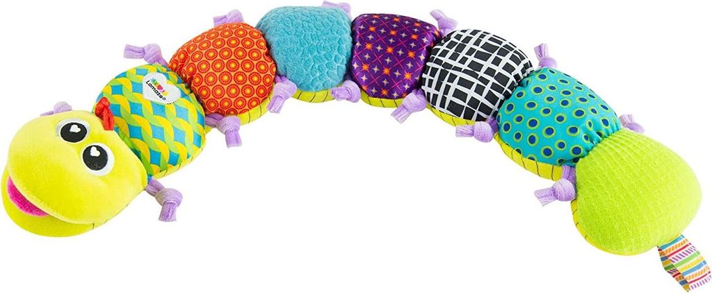 A plush caterpillar toy with multiple colorful segments and a yellow head with eyes and a mouth.