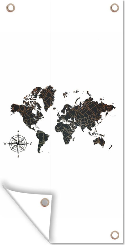 MuchoWow 30x60 cm Outdoor-Poster Gartendeko Sichtschutz Garten Poster für den Garten Weltkarte - Gold - Schwarz - Windrose