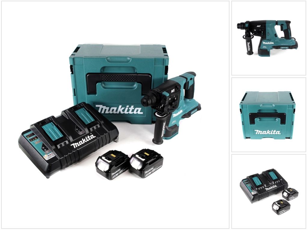Makita DHR 280 PTJ 2 x 18 V 36 V Li-Ion Akku Bohrhammer Brushless 28 mm für SDS-PLUS im Makpac + 2 x 5,0 Ah Akku + Doppelladegerät