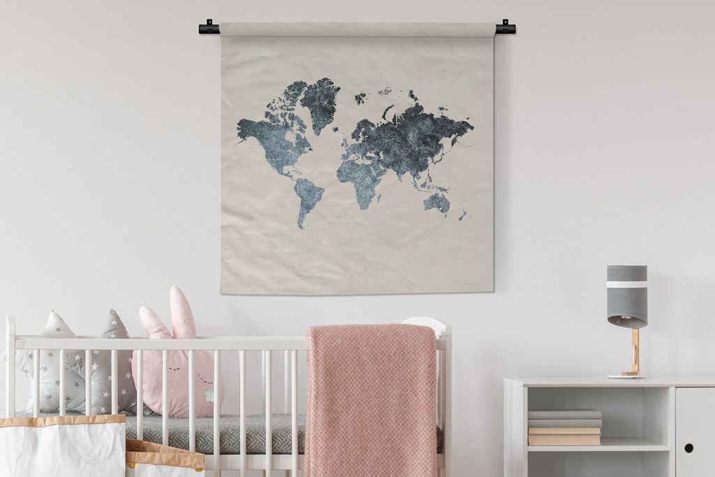 MuchoWow Wandteppich Wandbehang Weltkarte - Grau - Silber 90x90 cm Tapisserie Dekoration Wandtuch - Wandaufhänger