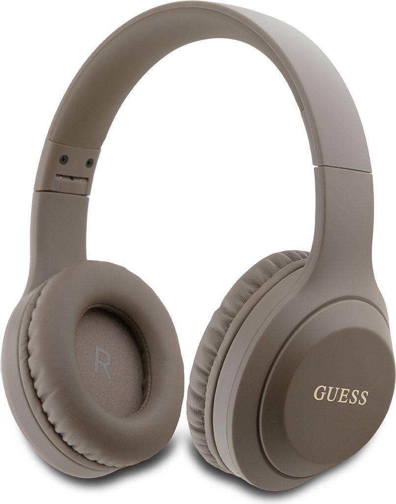 A pair of brown wireless headphones is shown against a white background.