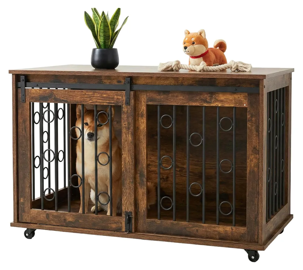 Cage chien meuble design bois avec double porte sécurisée et roulettes