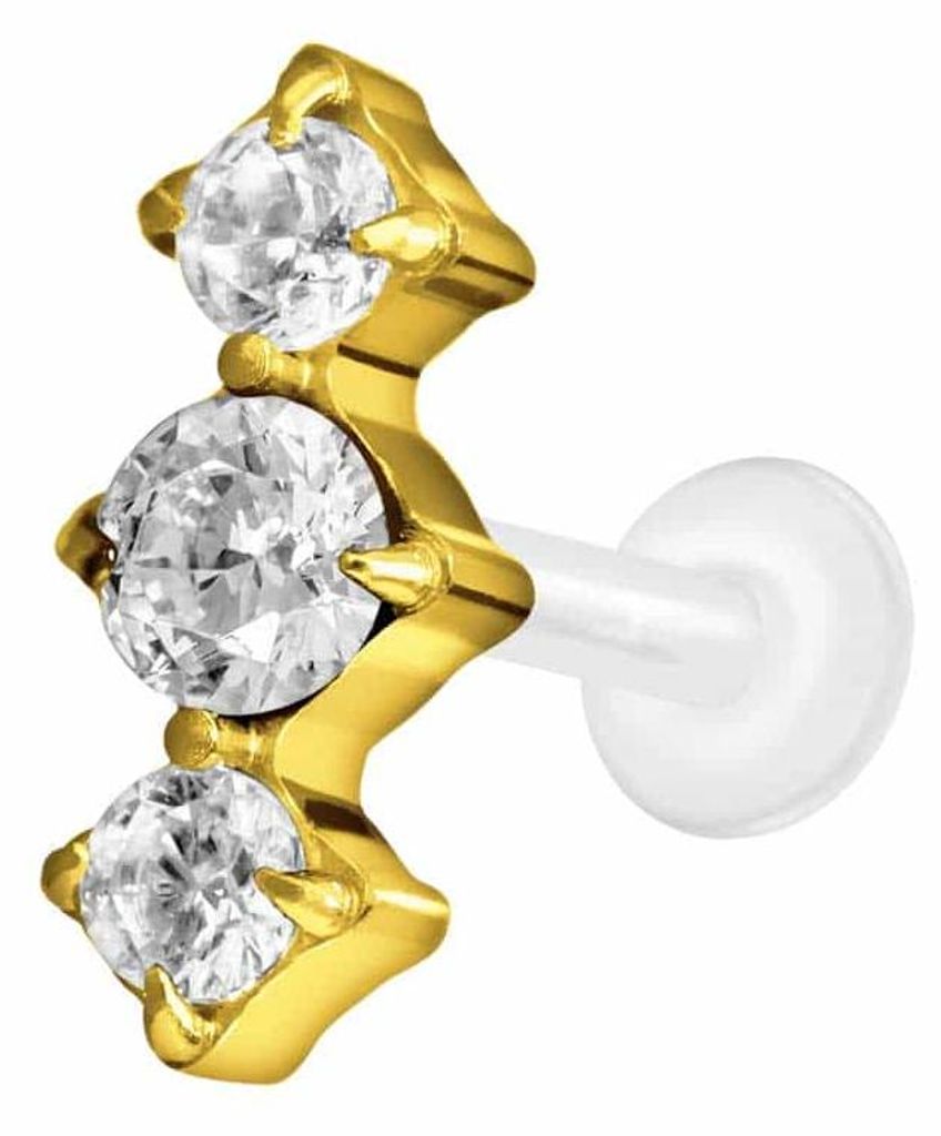 Ohrpiercing, Nasenpiercing PTFE Labret mit Innengewinde + Titan-Aufsatz 3 EINGEFASSTE KRISTALLE Gold Stablänge: 10mm | Stabstärke: 1,6mm