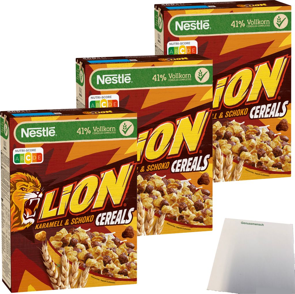 Nestle Lion Cereals Karamellschoko Cornflakes 41% Vollkorn 3er Pack (3x400g Packung) + usy Block