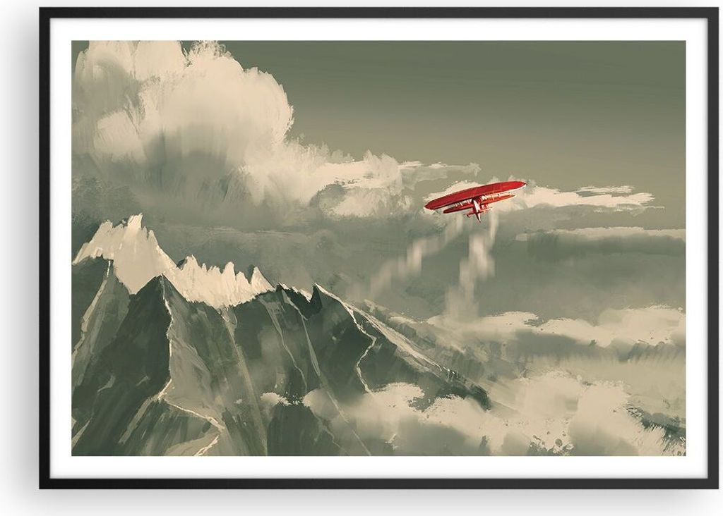 Gerahmtes Poster - Schwarzer Rahmen - Rot Flugzeug Berge - 100x70 cm - Wand Bild - Wanddeko - Wandbilder - Kunstposter - Wandposter - Bilderrahmen ...