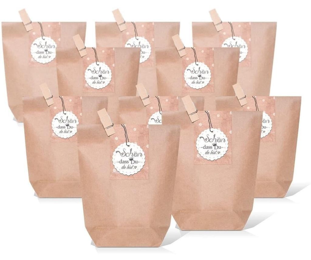 25 kleine braune natur Geschenktüten Papier-Tüten + beschreibbare Aufkleber WEISS KLEEBLATT Glücksbringer 14 x 22 x 5,6 cm Verpackung Geschenk H...