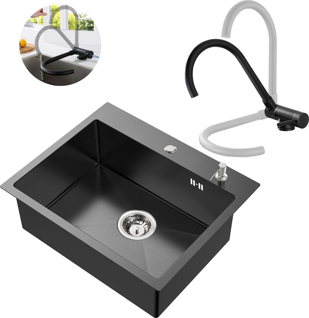 Edelstahl Küchenspüle + Umklappbare Küchenarmatur Set, 55 × 45 CM Einbauspüle mit Seifenspender, Vorfenster Spültischarmatur, Anthrazit