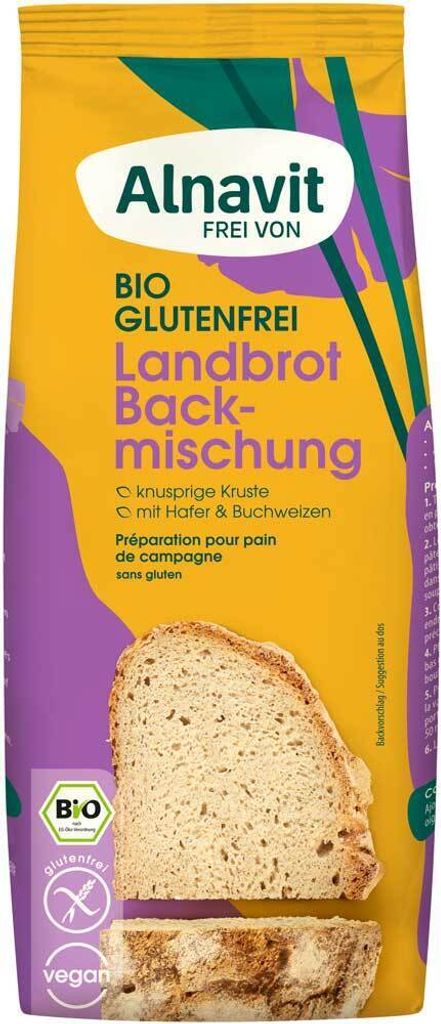 A bag of Alnavit Landbrot Backmischung (bread mix) with a slice of bread shown.