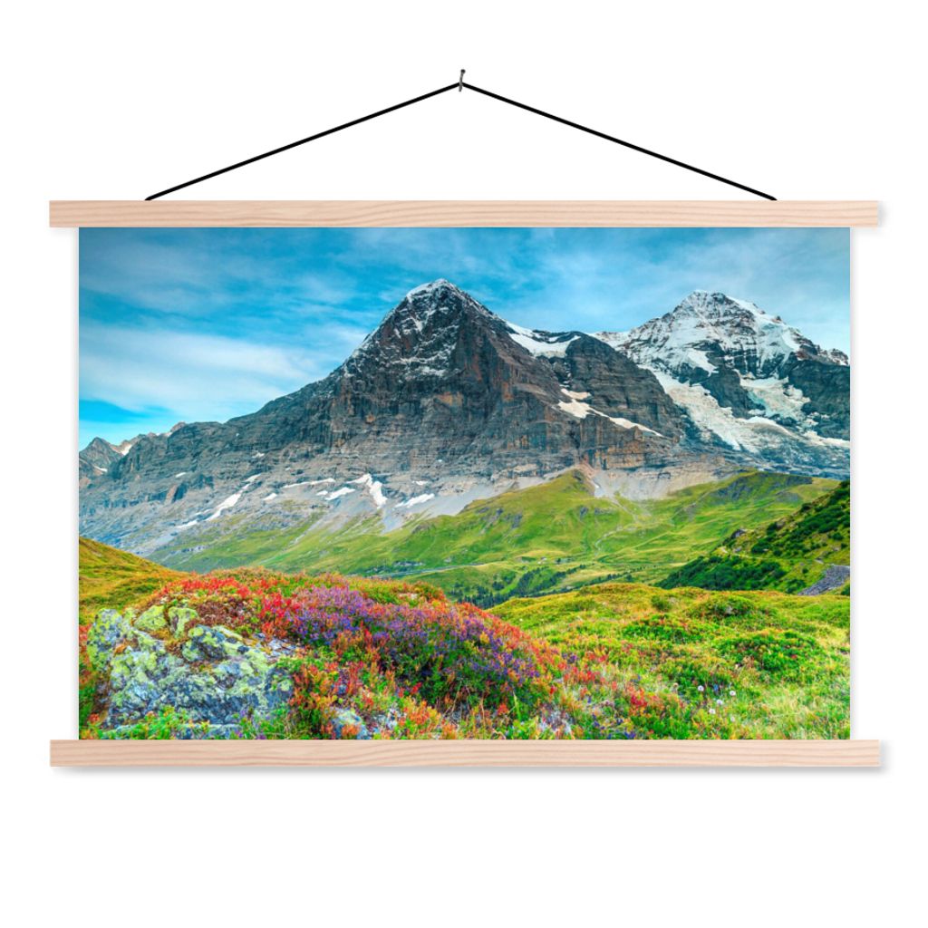 MuchoWow Textilposter Blumen - Berge - Schnee - Landschaft 60x40 cm mit holzfarbenen Rahmen - Bilder