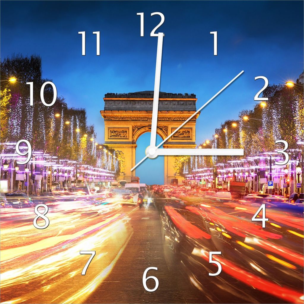 Wallario Design Wanduhr Arc de triomphe in Paris bei Nacht aus Echtglas, Größe 30 x 30 cm