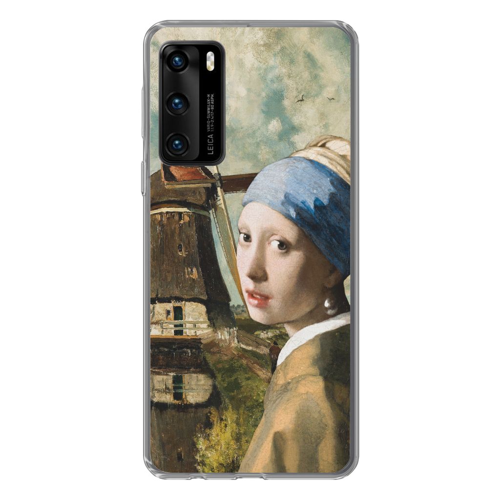 MuchoWow Handyhülle Schutzhülle Hülle für Huawei P40 Mädchen mit Perlenohrring - Mühle - Kunst Silikon Softcase Handy Hülle - Handytasche