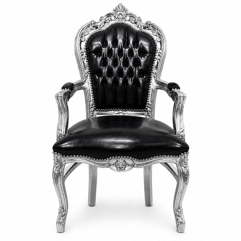 Barockstuhl Barock Stuhl Armlehne Schwarz Silber Kunstleder Produktbild 