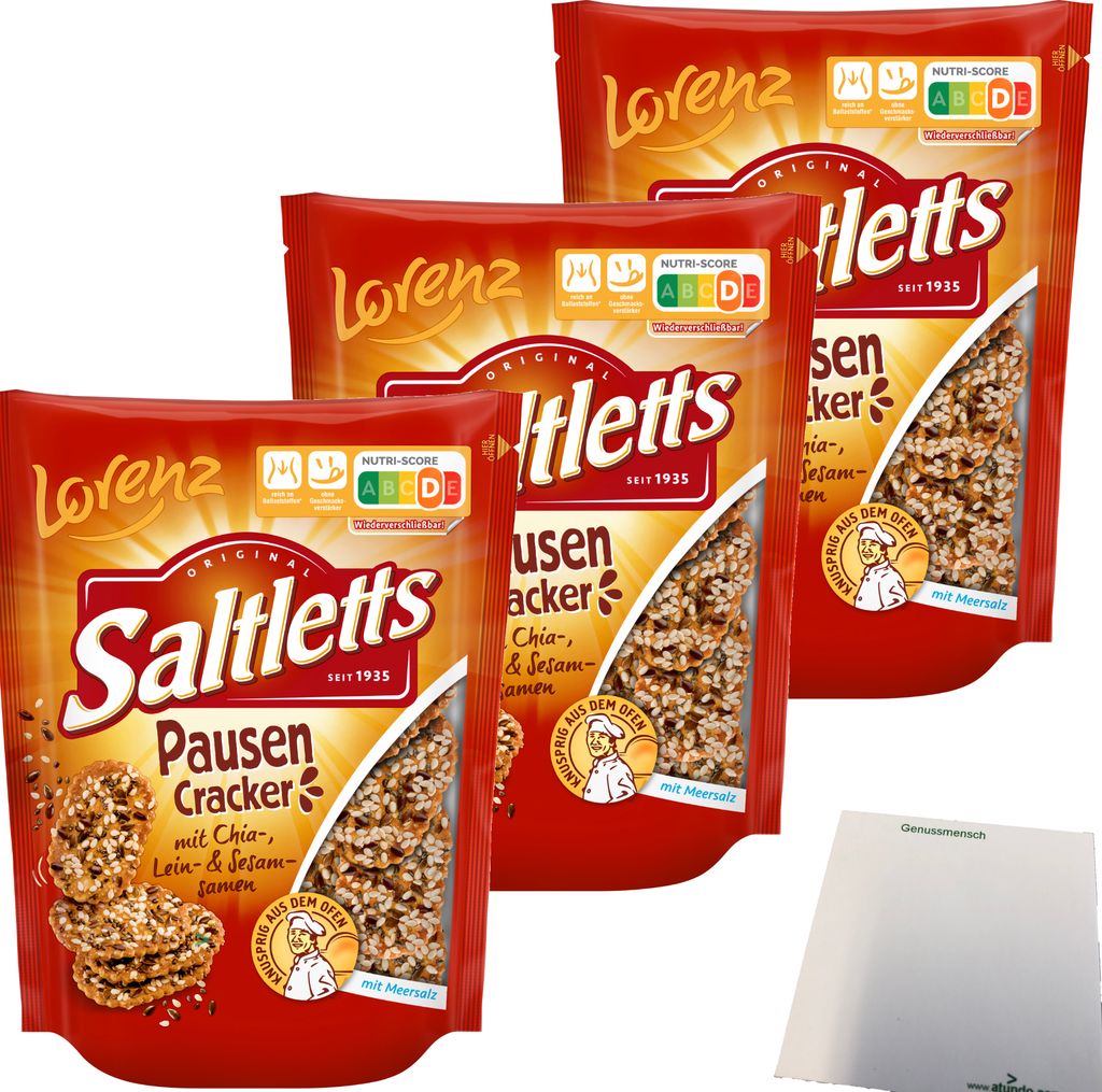Lorenz Saltletts Pausen Cracker mit Chia-Lein und Sesam-Samen 3er Pack (3x100g Packung) + usy Block