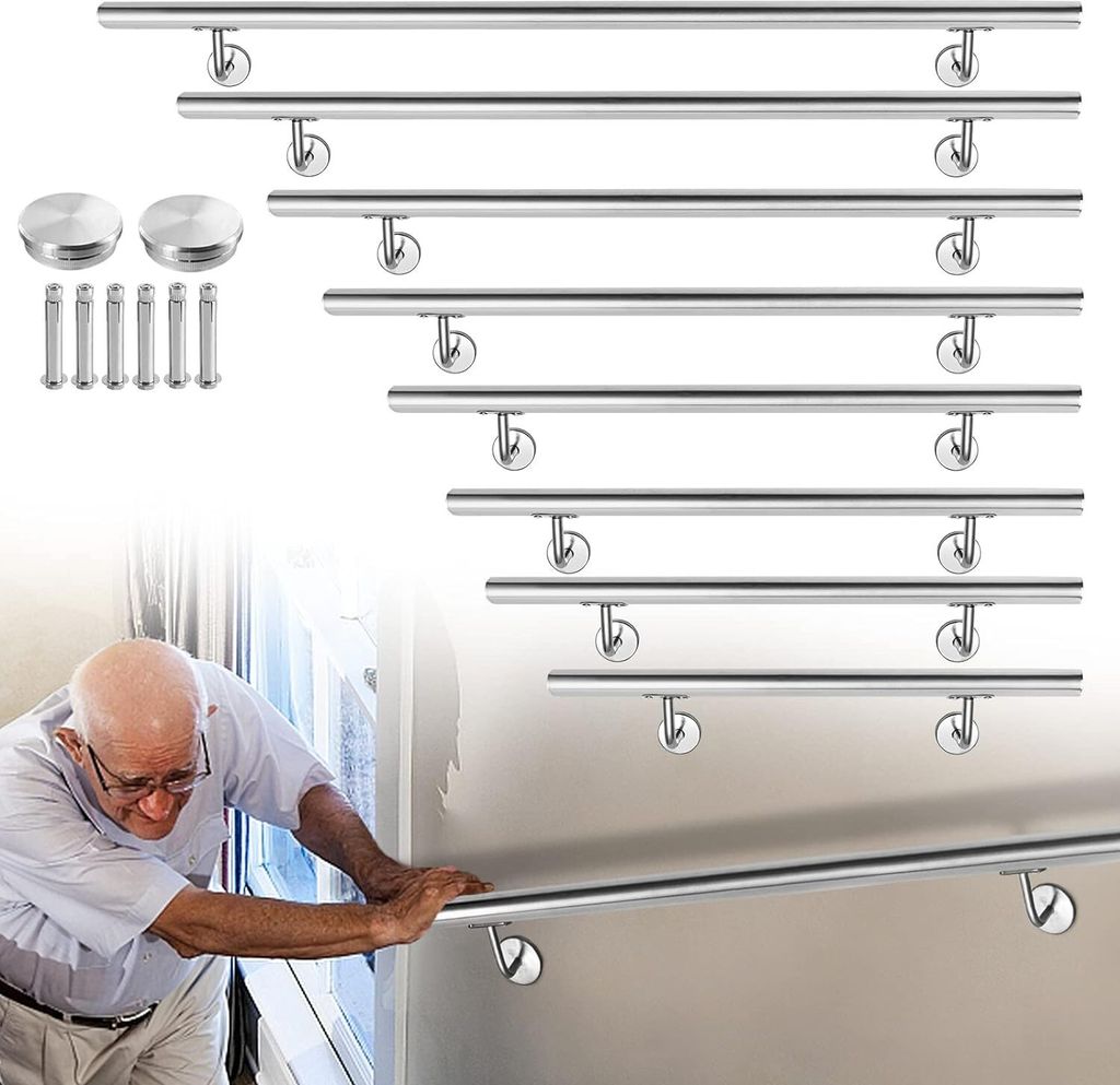 ACXIN Edelstahl Handlauf 80cm, Aussen Innen Wandhandlauf Brüstung Geländer, Ø 40 mm Treppengeländer mit Wandhalterung und Endkappen (80cm, Silber)