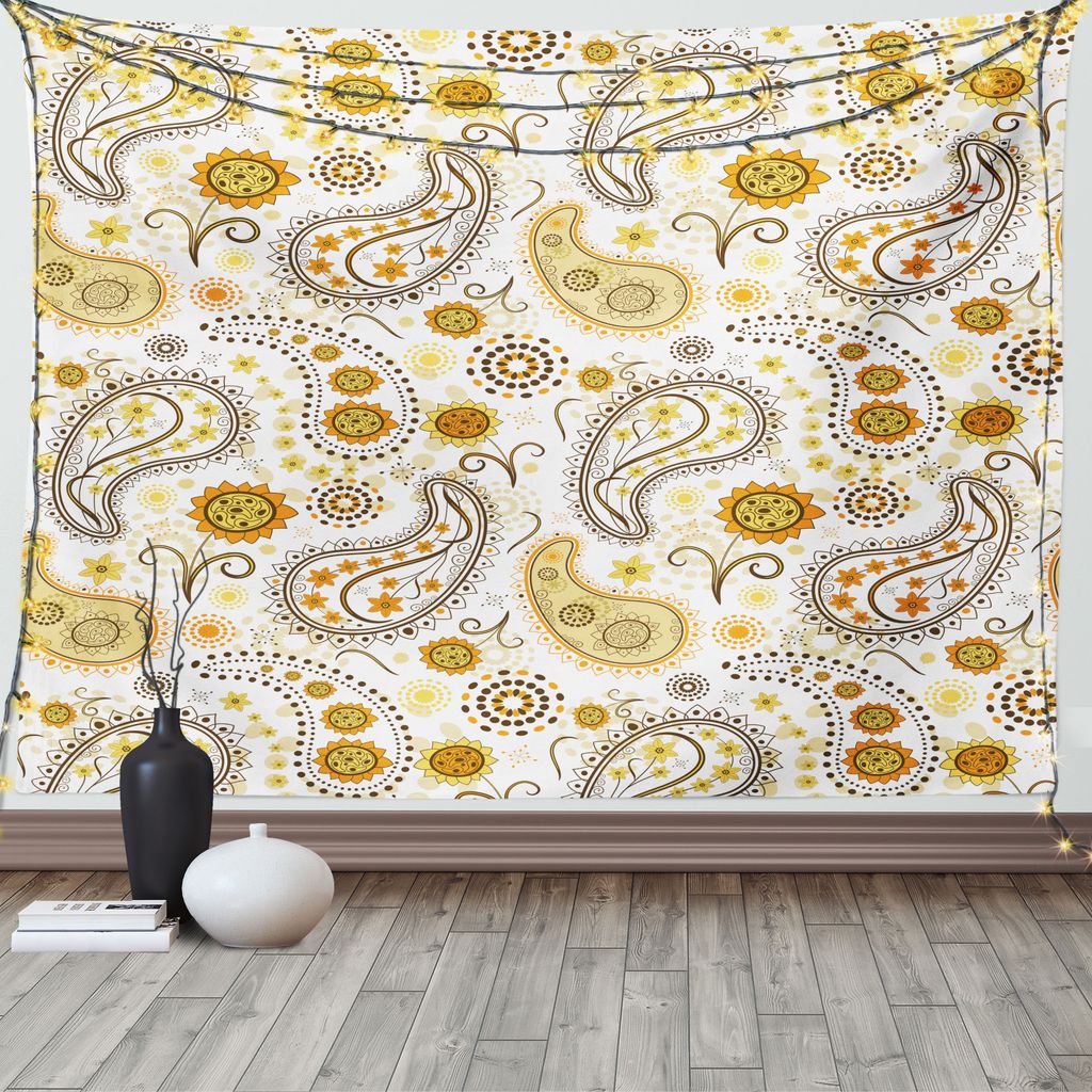 ABAKUHAUS Paisley Wandteppich, Ethnische Stammesblumen, Wohnzimmer Schlafzimmer Heim Seidiges Satin Wandteppich, 200 x 150 cm, Orange Gelb Weiß