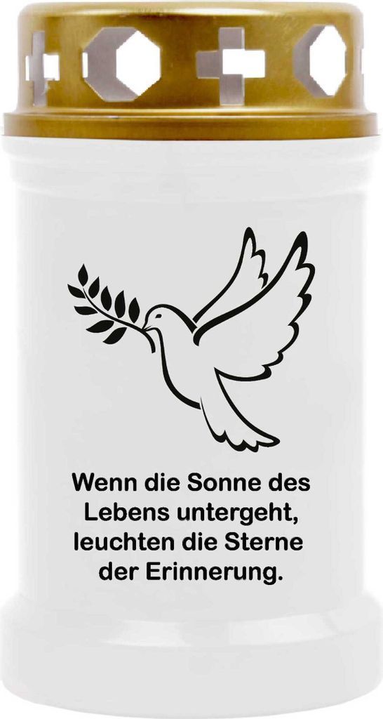 Grabkerze Weiß, Brenndauer: 40 Stunden, Motiv: Taube