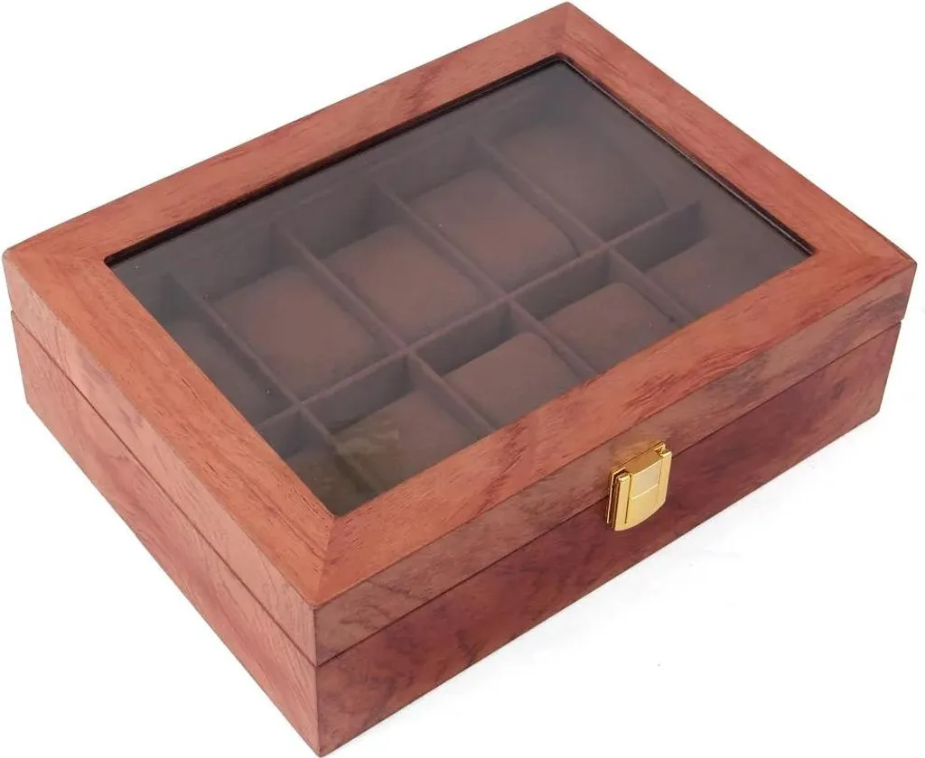 Écrin à montres vintage 10 slots en bois rouge avec intérieur velours