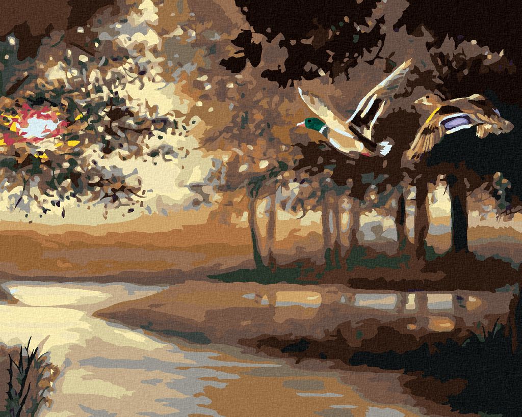 Zuty - Malen nach Zahlen - FLIEGENDE ENTEN ÜBER DEN FLUSS (D. RUSTY RUST), 40x50 cm, mit Keilrahmen (bereits gespannt)