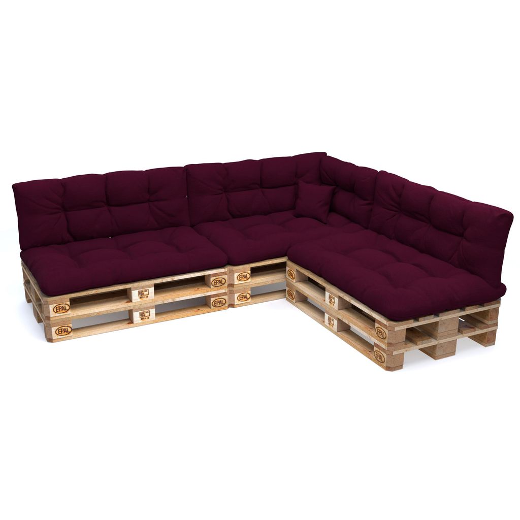 A sectional sofa made of wooden pallets and purple cushions, shown against a white background.