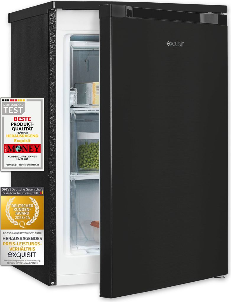 A black Exquisit freezer with its door slightly ajar, revealing shelves and food items inside. It is positioned on a white background with promotional badges on the left side.