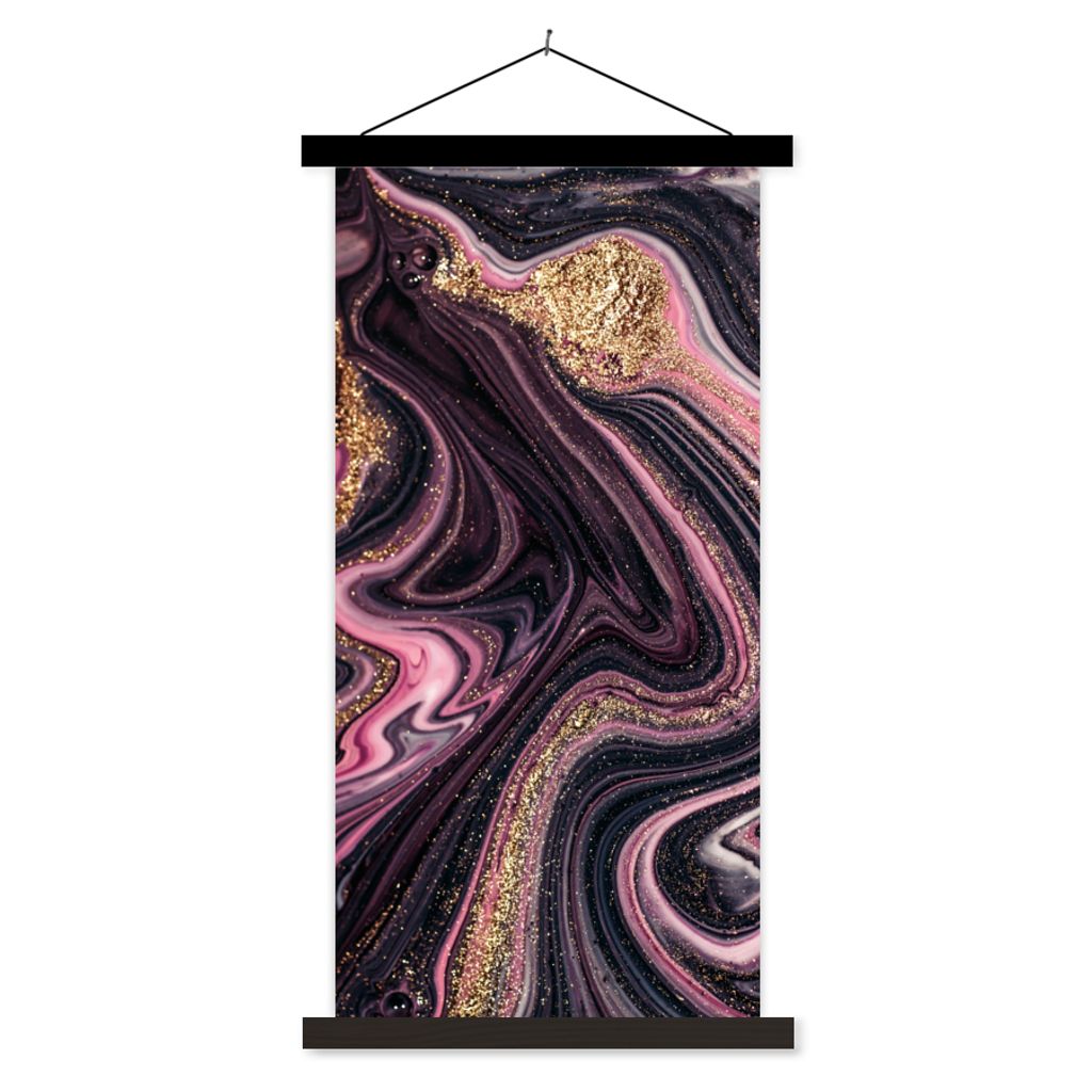 MuchoWow Textilposter Marmoroptik - Rosa - Lila - Gold - Luxus - Marmor 60x120 cm mit schwarzem Rahmen - Magnete