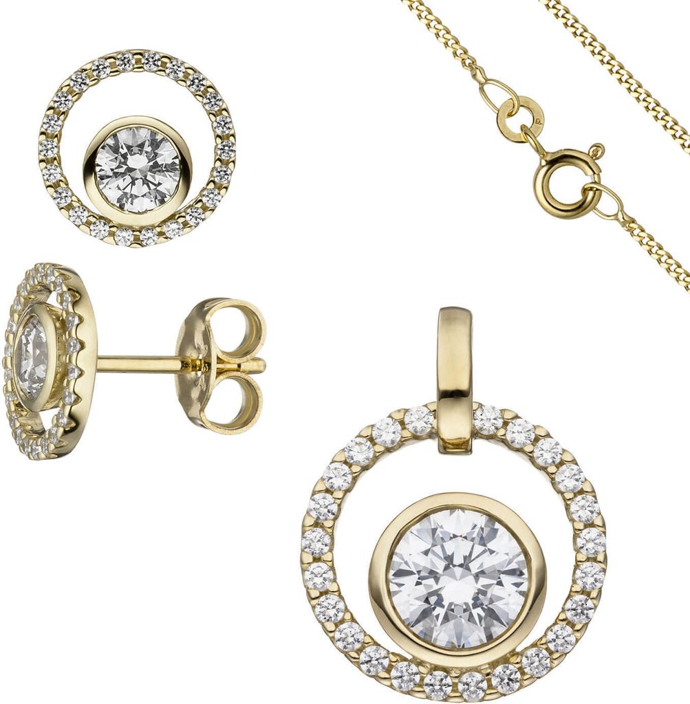 Schmuck-Set aus 333 Gold Gelbgold mit Zirkonia Ohrstecker Anhänger Kette 45cm