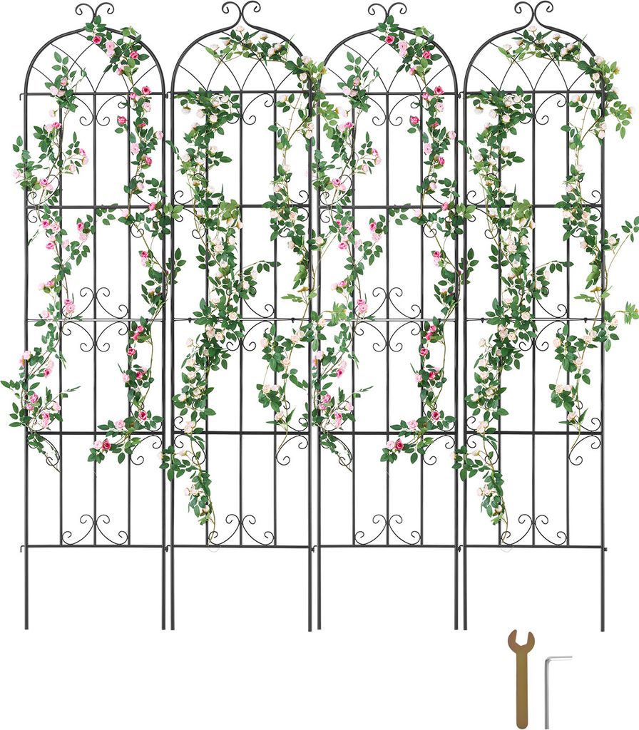 Four black metal trellises covered in artificial green vines and pink flowers, standing upright against a white background. A small wrench and Allen key are visible in the bottom right corner.