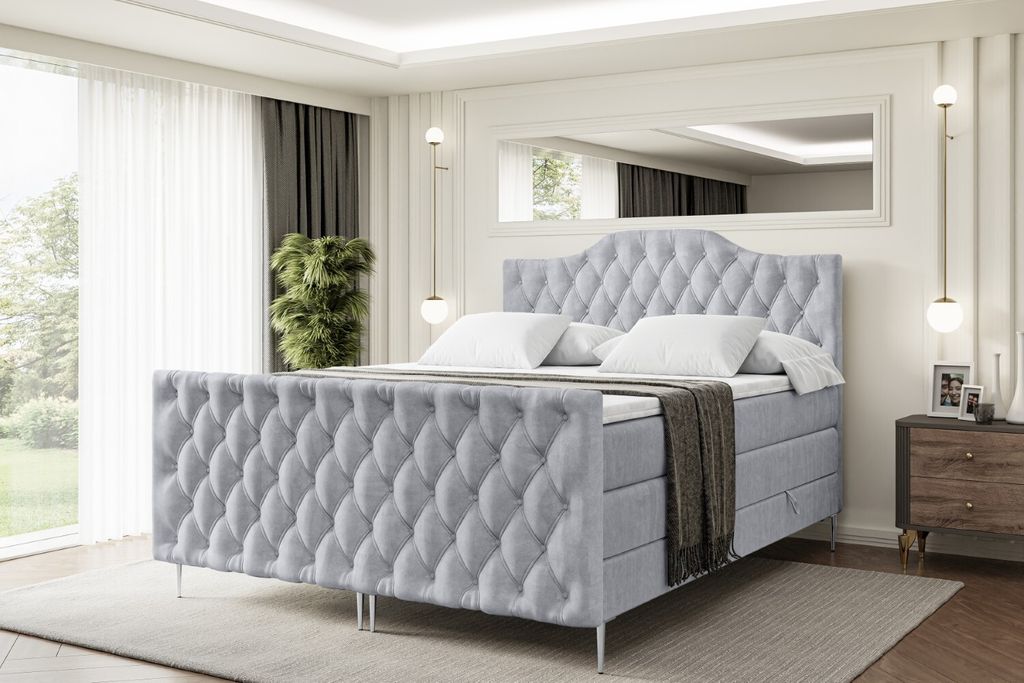 ALTDECOR Boxspringbett mit Silber Füßen, Matratze und Lattenrost, Topper, Fußteil, Polsterbett mit Bettkasten, Bett mit Stauraum H3- und H4- Mat...