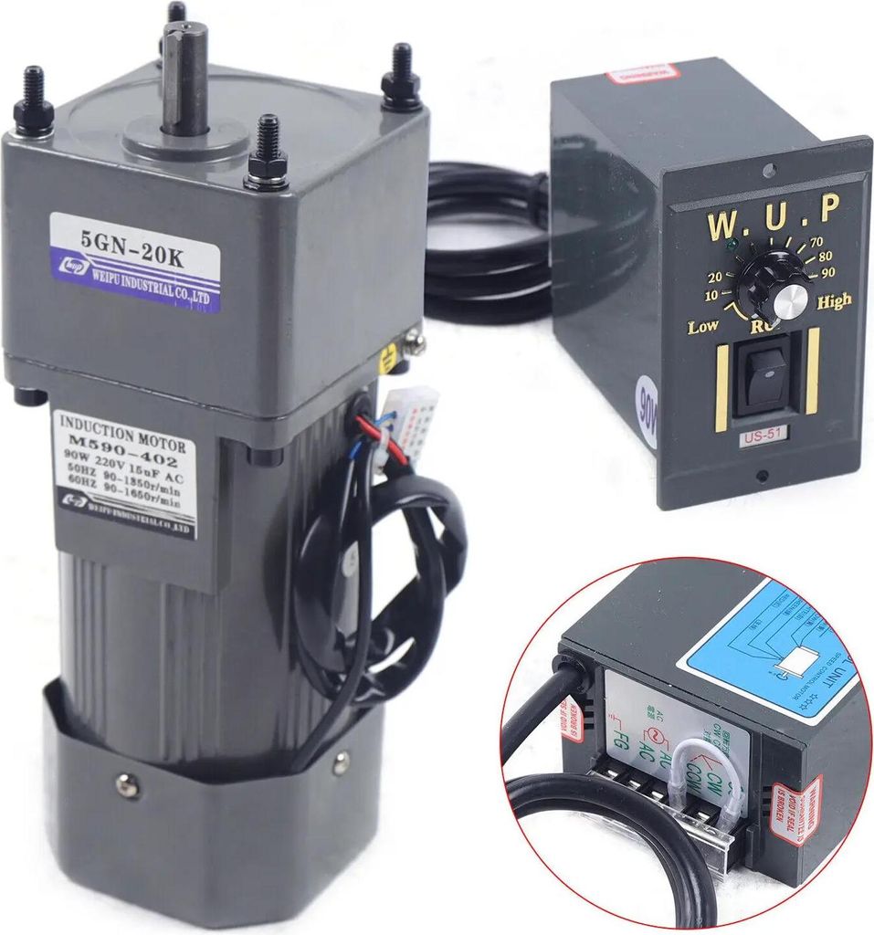 Elektrischer Getriebemotor mit Untersetzungsgetriebe - 220V AC - 90W - Einphasig - Hohes Drehmoment - Übersetzung 1:20 - Grau