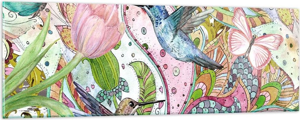 Bilder auf glas - Vogel Schmetterling Blume - 90x30cm - Glasbilder - Wandbilder - Kunstdruck - zum Aufhängen bereit - Wanddekoration aus Glas - Gl...
