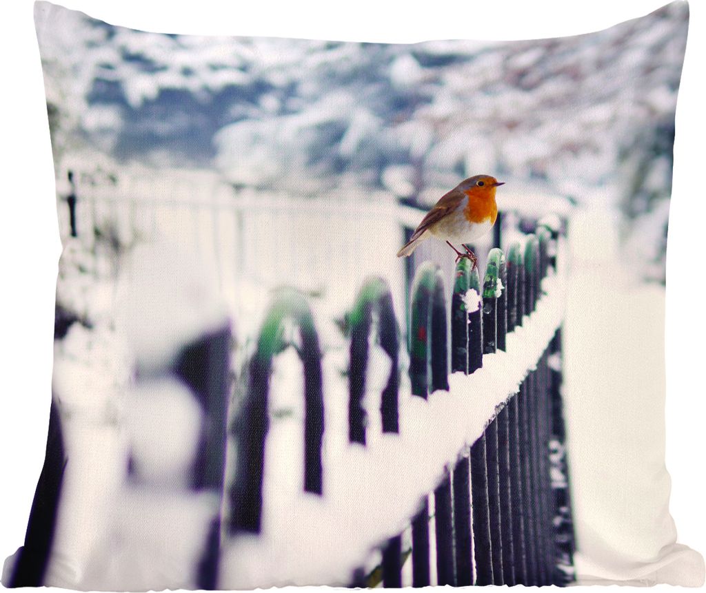 MuchoWow Zierkissen Sofakissen Wohnzimmer Dekokissen 40x40 cm Rotkehlchen - Winter - Schnee - Foto Kissen - Schlafzimmer Dekoration