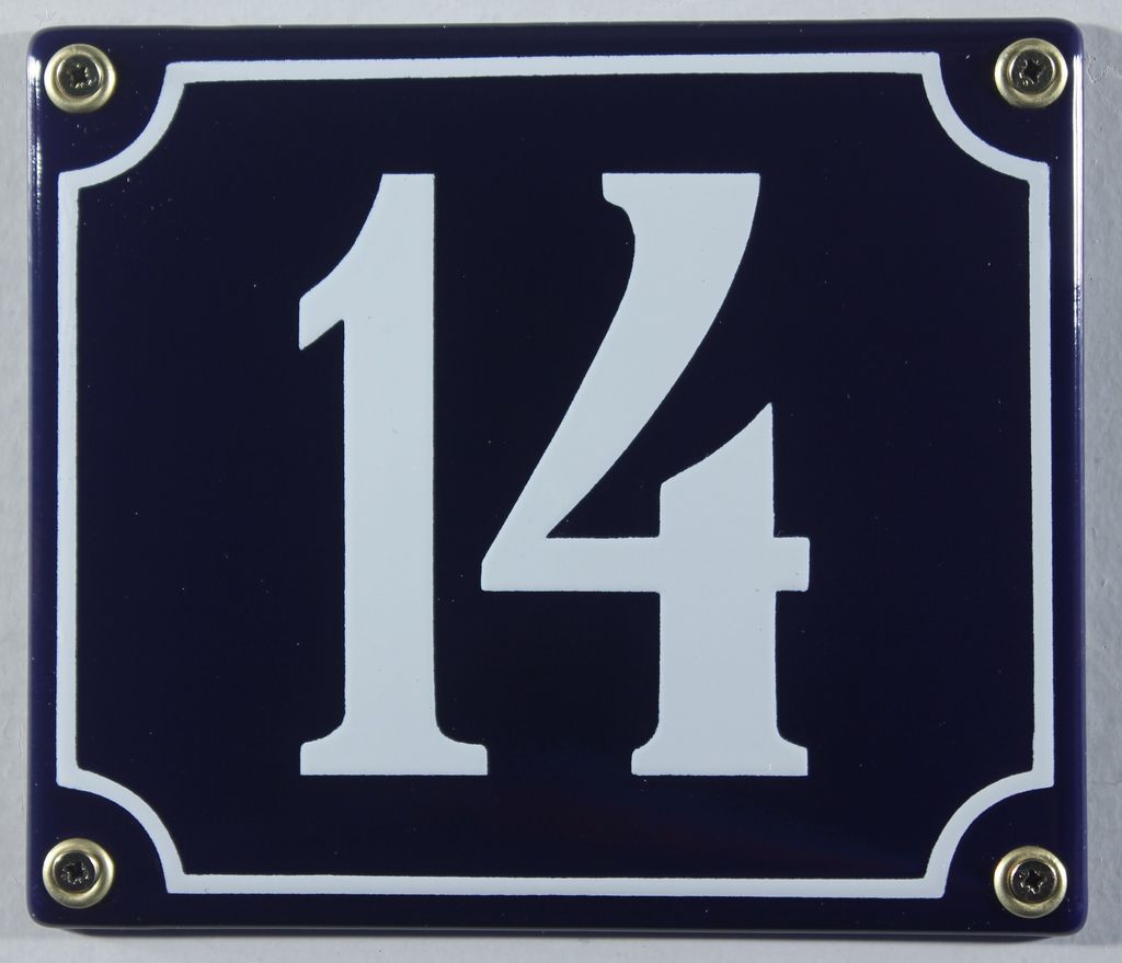 Hausnummernschild Emaille 14 blau - weiß 12x14 cm  Schild Produktbild 