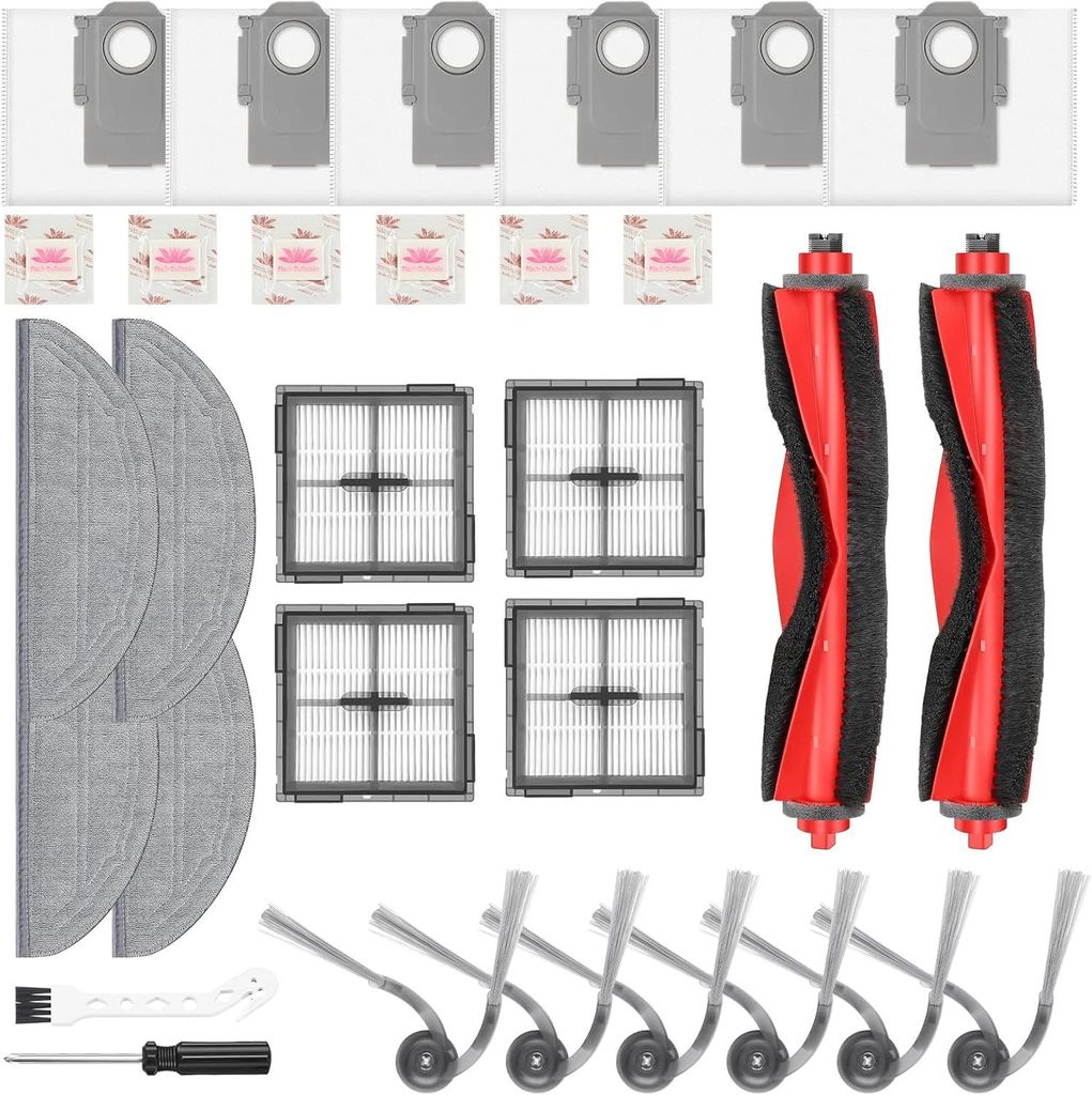 30 Stück Zubehör für Roborock Q10 S5+/Q10 S5/Q10 X5+/Q10 X5 Saugroboter, 2 Hauptbürsten, 4 Filter, 4 Wischpads, 6 Seitenbürsten, 6 Flach-Dufts...