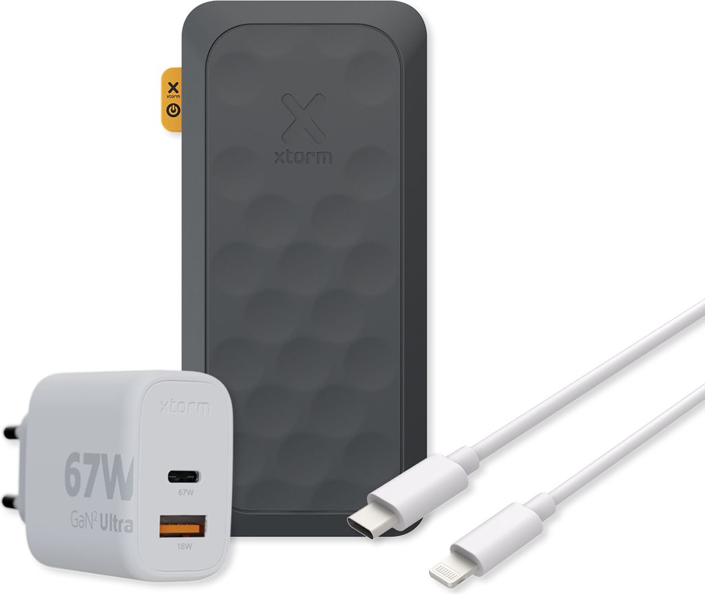 Xtorm 67W Fuel Series 5 Powerbank-Paket – Powerbank 27.000 mAh + Xtorm 67W Ladegerät + USB-C-auf-Lightning-Kabel