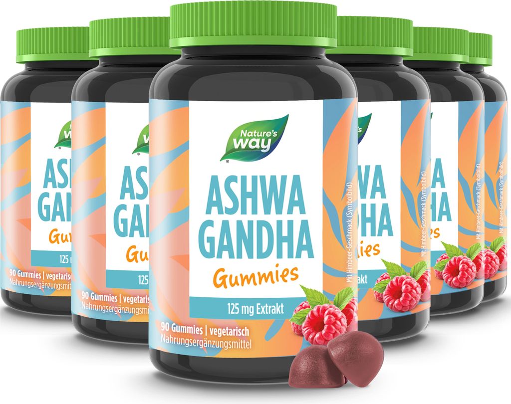 Ashwagandha Gummies I 125 mg hochwertiger Ashwagandha-Extrakt I Himbeer-Geschmack I vegetarisch I 90 Stk – 6 Dosen