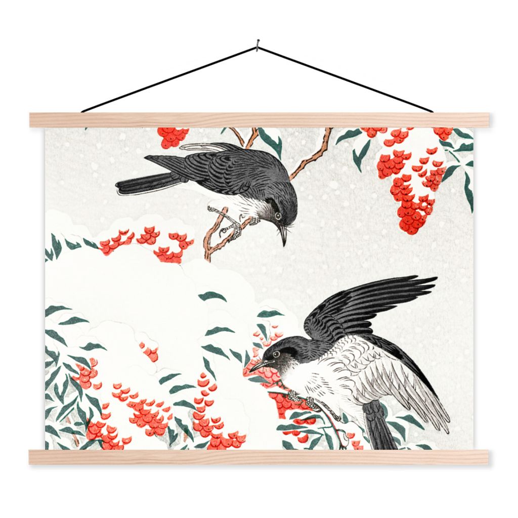 MuchoWow Textilposter Beere - Vögel - Japan - Schwalbe 120x90 cm mit holzfarbenen Rahmen - Magnetisch