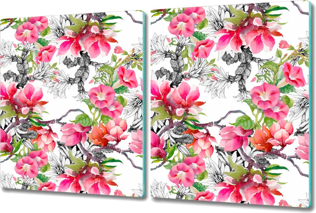 Glas Schneidebrett Herdabdeckplatten Schneideplatten - 2x 40x52 cm - Blumen Aquarell