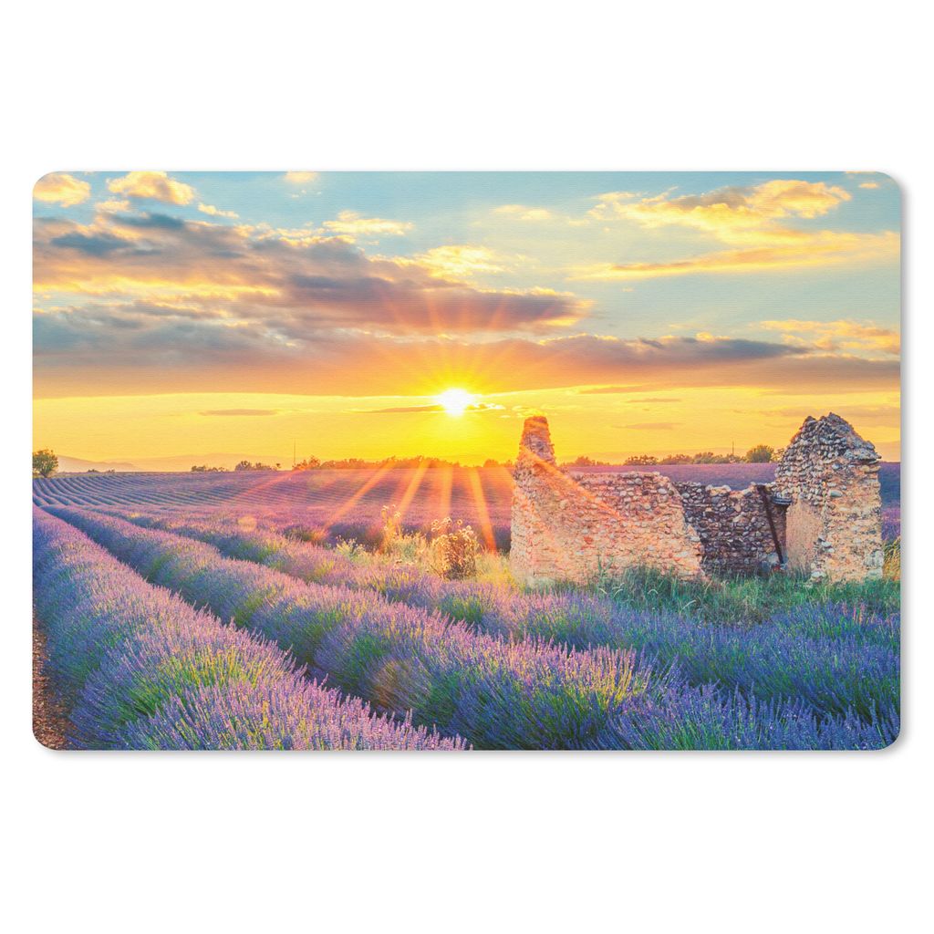 MuchoWow Schreibtischunterlage Lavendel - Sonnenuntergang - Ruine - Lila 60x40 cm - XXL Mauspad - Großes Mauspad