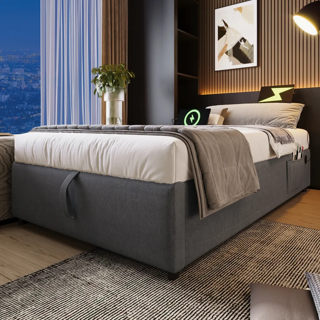 Lit simple 90x190 avec coffre de rangement et tête de lit connectée - 6