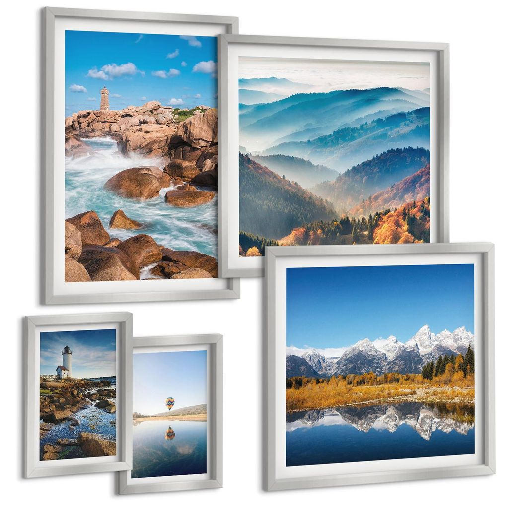 Bilder Set 5-teilig im silbergerahmten Rahmen – Wandbilder 5 Stück – gerahmte Poster für Wohnzimmer, Schlafzimmer und Flur – 50x50 cm - 40x...