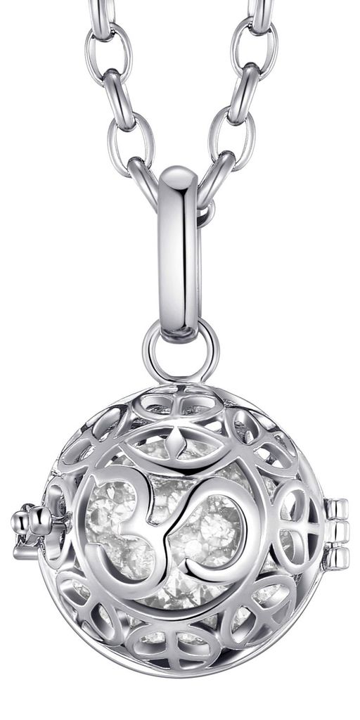 Morella Damen Schutzengel Halskette Edelstahl 70 cm mit Anhänger Om Mantra und Klangkugel Zirkonia weiß Ø 16 mm in Schmuckbeutel