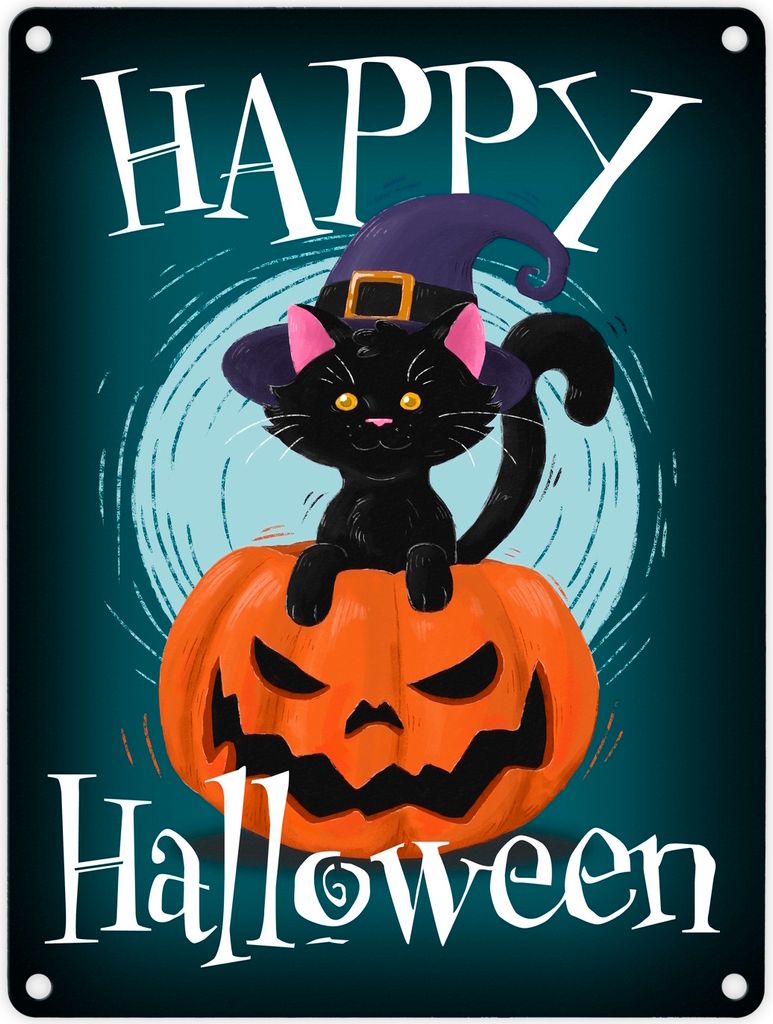 Happy Halloween Metallschild in 15x20 cm mit niedlicher schwarzer Katze