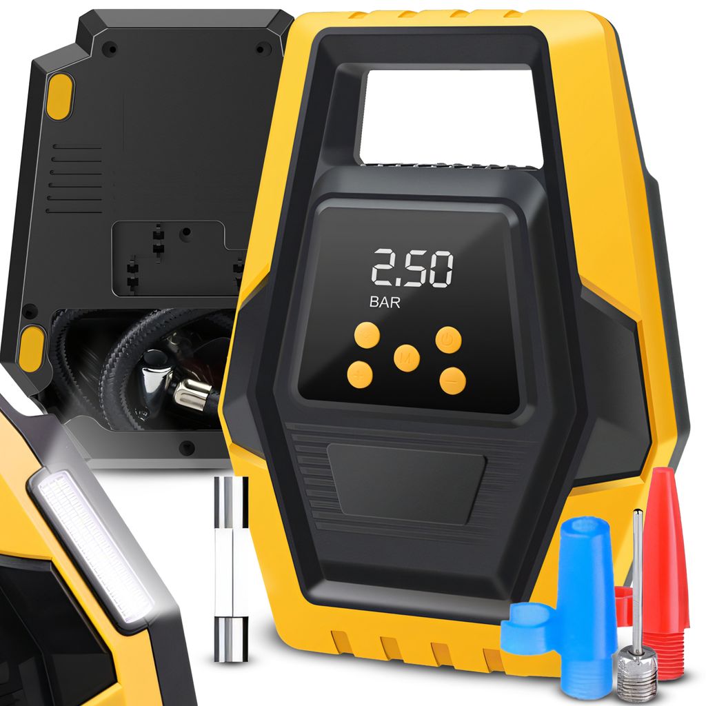 Luftkompressor 12V | Tragbarer Kompressor Set | Für Auto, KFZ, Fahrrad | Mini Elektrisch Reifen Luftpumpe | Digital LCD | 10 Bar, 150PSI, 120W | R...